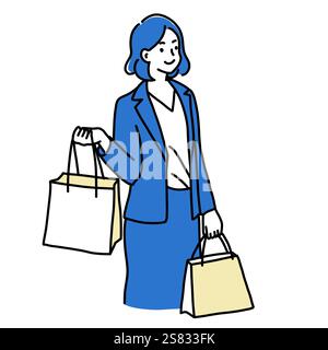 Illustrazione minimalista a due punte di una donna elegante in abito blu che regge borse della spesa. Semplice arte della linea kawaii. Illustrazione Vettoriale