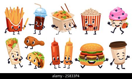 Personaggi dei fast food cartoni animati. Buffo pasto spazzatura, deliziose patatine fritte, muffin, hamburger con volti sorridenti, mani e piedi di kebab, menu' decorativo Illustrazione Vettoriale
