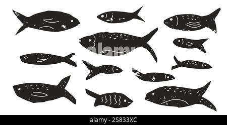 Set di pesci. Collezione scolastica di sardine. Silhouette di salmone in stile linocut. Animali sottomarini. Isol illustrazione elementi collage linocut disegnati a mano dal vettore Illustrazione Vettoriale