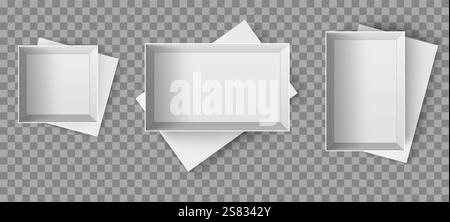 Vista dall'alto di Box Set. Isolamento realistico su elementi di sfondo trasparenti. Confezione in cartone bianco. contenitore aperto per regali e prodotti o scarpe Illustrazione Vettoriale