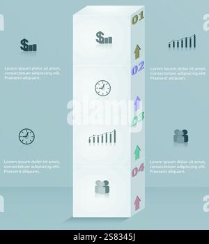 Modello infografica, colonna di successo della fase aziendale. Banner numerati, infografiche, presentazioni, per web design, design pubblicitario, layout del sito Illustrazione Vettoriale