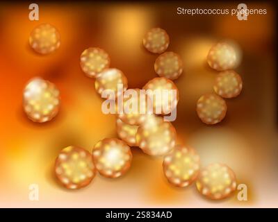 Patogeno Streptococcus pyogenes sotto Vista microscopica. Visualizzazione dettagliata delle cellule di Streptococcus. Concetto di batteri patogeni Illustrazione Vettoriale