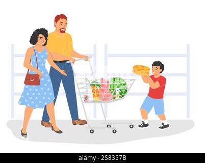 Famiglia felice che fa shopping in un negozio di alimentari illustrazione vettoriale Illustrazione Vettoriale