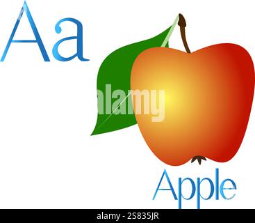 Illustrazione per insegnare ai bambini l'alfabeto inglese con la mela cartoni animati. La lettera a.. Illustrazione Vettoriale