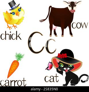 Illustrazione per insegnare ai bambini l'alfabeto inglese. La lettera CC. Illustrazione Vettoriale