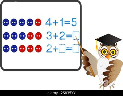 Giochi educativi per bambini, sulla composizione dei cinque, ad esempio con pulsanti con gufo insegnante. Illustrazione Vettoriale