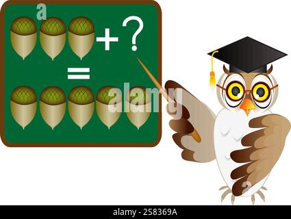 Giochi educativi per bambini, illustrazione dei cartoni animati aggiunta matematica con insegnante di gufo. Illustrazione Vettoriale