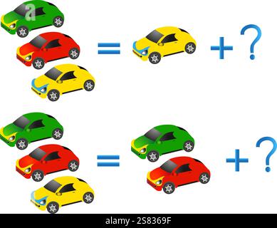 Giochi educativi per bambini sulla composizione dei tre, ad esempio con le auto. Illustrazione Vettoriale