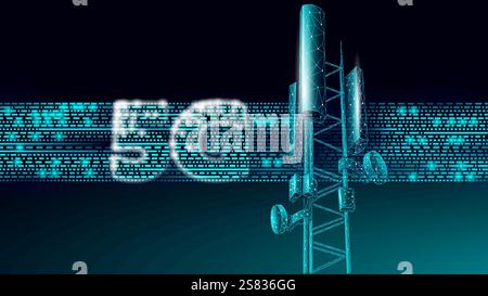 ricevitore della stazione base 3d. trasmettitore di informazioni sulla connessione globale con design poligonale 5g della torre di telecomunicazione. Video cellulare antenna radio mobile Illustrazione Vettoriale
