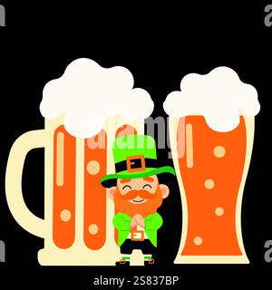 Leprecaun con birra. Illustrazione vettoriale per il giorno di San Patrizio Illustrazione Vettoriale