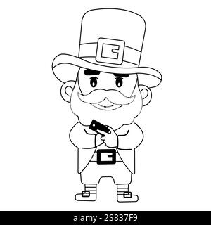 Nero e bianco Cartoon felice leprechaun. Illustrazione vettoriale del giorno di San Patrizio Illustrazione Vettoriale