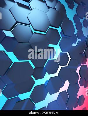Sfondo esagonale tecnologico astratto. Illuminazione ambientale. Luci rosse blu color verde acqua. rendering 3d. Foto Stock