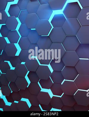 Sfondo esagonale tecnologico astratto. Illuminazione ambientale. Luci rosse blu color verde acqua. rendering 3d. Foto Stock