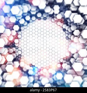 Superficie astratta futuristica con motivo esagonale con luce colorata. Rendering 3D. Trama geometrica realistica delle celle della mesh. Foto Stock