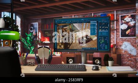 Le risorse vengono spostate nel programma di modellazione 3D in un appartamento con rendering per progetti di interior design, in un'ottica di "jib down". Concentrarsi sul programma CAD utilizzato per la modellazione di mobili virtuali delle sale Foto Stock