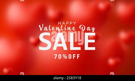 Banner promozionale di San Valentino con cuori rossi su sfondo sfocato. Modello di cuore vettoriale 3d realistico Illustrazione Vettoriale