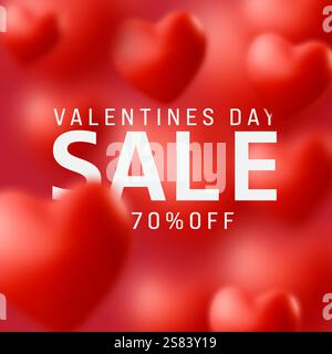 Banner promozionale di San Valentino con cuori rossi su sfondo sfocato. Poster d'amore 3d realistico Vector Illustrazione Vettoriale
