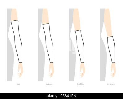 Set di maniche per braccia guanti accessori moda per mano indumenti per illustrazione tecnica. Vista posteriore frontale vettoriale per uomo, donna, modello piatto in stile unisex schizzo di mockup CAD su sfondo bianco Illustrazione Vettoriale