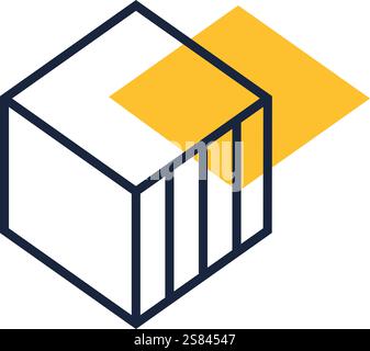 Cubo isometrico caratterizzato da linee nere audaci che si sovrappongono a un vivace quadrato giallo, formando un logo astratto ideale per le aziende tecnologiche moderne e innovative Illustrazione Vettoriale