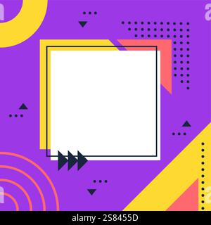 Vivace sfondo geometrico con cornice quadrata bianca circondata da forme colorate, triangoli e motivi dinamici, per creare un ambiente moderno e divertente Illustrazione Vettoriale