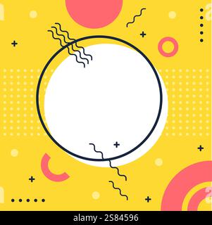 Sfondo geometrico colorato caratterizzato da un cerchio bianco prominente circondato da elementi di design divertenti di Memphis come linee squiggenti, punti e PL Illustrazione Vettoriale