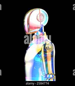 rendering 3d di un robot umanoide iridescente o ai cyborg isolato sul nero Foto Stock