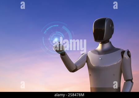 Tecnologia ai con robot umanoide con rendering 3d con interfaccia grafica hud Foto Stock