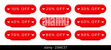 Set di banner rossi con il cuore, coupon in molte variazioni percentuali, offerte dal 10% al 90%, pulsante vettoriale per aumentare le vendite sul vostro sito Web Illustrazione Vettoriale