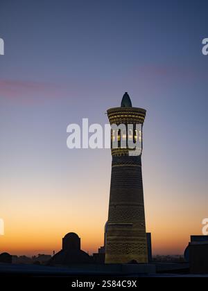 Il minareto illuminato della moschea Kalan o Kalyan fotografato al crepuscolo durante l'ora blu da un vicino tetto. Foto Stock