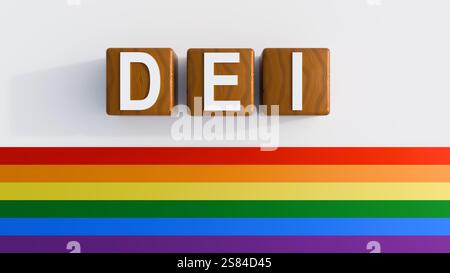 Rendering 3d di blocchi di legno che scrivono "DEI" (diversità, equità e inclusione) su uno sfondo arcobaleno. Foto Stock