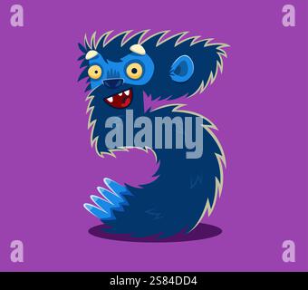 Carattere Halloween cifra 5 cinque divertente personaggio mostro. Pazzesco numero di caratteri della bestia fantasy, personaggio o numero del carattere vettoriale del mostro horror yeti. Bizzarro personaggio peloso simbolo numerico del carattere Illustrazione Vettoriale
