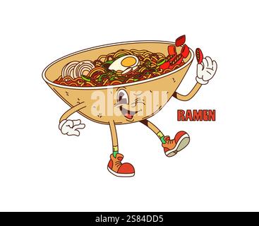 Personaggio del cibo di ramen coreano Cartoon Groovy. Divertente ciotola con spaghetti, verdure, uova e viso contento che contiene pepe caldo. Vector personage retrò che rappresenta la deliziosa cucina asiatica del ramen Illustrazione Vettoriale