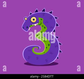 Carattere Halloween cifra 3 tre spaventoso personaggio mostro. Bizzarra matematica rettile cifra del set di caratteri. Personaggio o numero di caratteri arabi di creature aliene o simbolo numerico di fantasia fantasy di serpente mostro Illustrazione Vettoriale