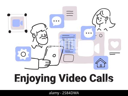 Concetto di videochiamate con persone che utilizzano le icone e le impostazioni di chat dei dispositivi in stile minimalista disegnato a mano per la comunicazione digitale Illustrazione Vettoriale