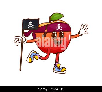 Cartoni animati pirata di mele rosse e personaggio di frutta corsara che sventolano una bandiera con il teschio e l'emblema delle ossa incrociate. Personaggio isolato vettoriale giocoso maturo frutto sano y2k che indossa bandana fluviale e scarpe da ginnastica Illustrazione Vettoriale