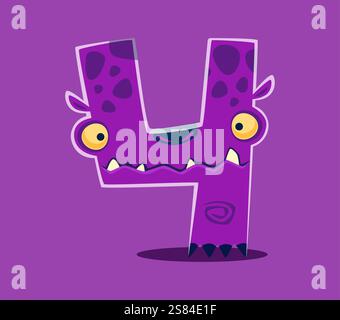 Font Halloween, cifra 4, quattro bizzarri personaggi di mostro. Spaventoso personaggio di un mostro alieno con caratteri numerici. Pazzo personaggio vettoriale di bestia o sciocco carattere di creatura fantasy Illustrazione Vettoriale