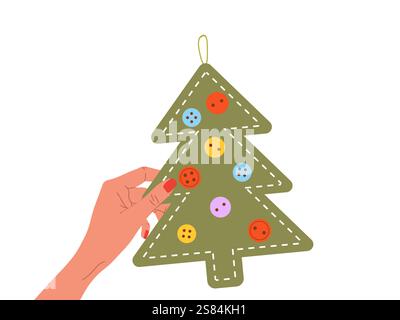 Albero di Natale in tessuto. Donna che tiene a mano decorazioni rustiche fatte in casa. Concetto zero rifiuti. Decorazione alternativa per le vacanze. Illustrazione vettoriale piatta Illustrazione Vettoriale