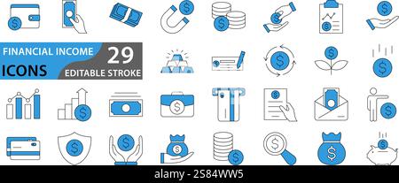 Set di icone reddito finanziario. Insieme di icone relative a reddito, profitto, stipendio, crescita del denaro e altri. raccolta icone. Raccolta di icone di reddito finanziario Illustrazione Vettoriale