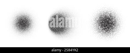 Cerchi le ombre vettoriali con disturbo granuloso. Sfumature nere rotonde isolate su sfondo bianco. Set di forme a stipite tratteggiate. Spruzzare la sabbia sui mattoni polverosi Illustrazione Vettoriale