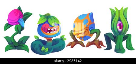 Fantasia piante carnivore con elementi mostro cartoni animati. Set di flora magica - gemme rosa con fogliame verde, creatura sorridente blu con zanne, forma di uovo d'arancia maculata, germoglio ciclopico. Illustrazione Vettoriale