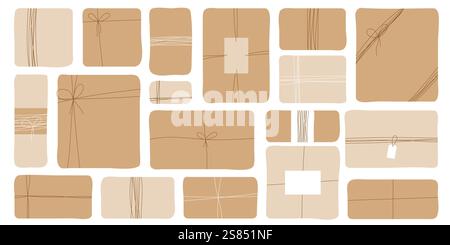 Illustrazione vettoriale piatta di una confezione regalo con rivestimento artigianale e un arco bianco e marrone su sfondo bianco. Illustrazione Vettoriale