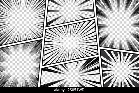 Sfondo della pagina dei fumetti con effetti radiali, mezzitoni e raggi in stile pop-art. Illustrazione Vettoriale