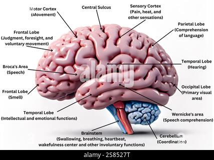Diagramma dettagliato dell'anatomia cerebrale umana che evidenzia le regioni chiave e le loro funzioni - un'illustrazione didattica e scientifica. Foto Stock