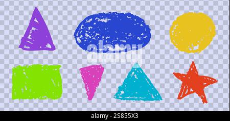 Set di forme geometriche astratte di base disegnate con carbone colorato. Collezione di cornici per preventivi di vernice disegnate a mano. Set di bolla vocale colorata vuota Illustrazione Vettoriale