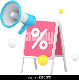 Sconto di vendita annuncio di vendita, icona 3d del tabellone stradale illustrazione vettoriale realistica. Pubblicità pubblica a prezzi scontati per il Black Friday con megapho Illustrazione Vettoriale