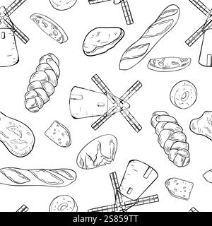 Mulino a vento, pane assortito, motivo vettoriale bianco e nero senza cuciture. Pane a forma di pane, Challah, rustico rotondo di segale, ciabatta e panini in linea d'arte. Prodotti da forno su Illustrazione Vettoriale