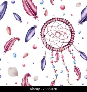 Motivo senza cuciture con canalina di salice intrecciata a mano etnica per un sognatore, perline su cordoni di corda su una corda con piume, conchiglie acquerello Foto Stock