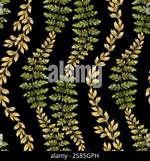 La felce lascia un motivo senza cuciture su sfondo nero. Superficie botanica ad acquerello disegnata a mano con fogliame preistorico testurizzato. Perfetto per l'uso di Foto Stock