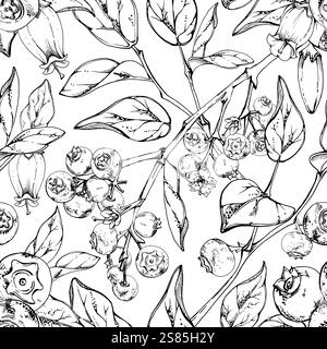 Mirtillo di mora con fiori di campana bianchi, foglie di piante, disegnato a mano in un vettore di inchiostro, mazzo di frutti di bosco sui rami. Modello senza cuciture isolato Illustrazione Vettoriale