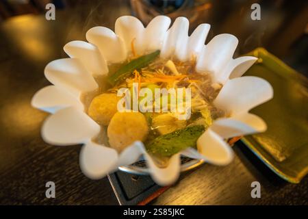 Porzione di piatto di zuppa tradizionale giapponese di spaghetti e gnocchi, ramen con verdure selvatiche, Tokyo, Honshu, Giappone Foto Stock